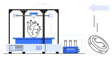 3D printer crafting a human heart with lab equipment, dollar coin, left arrow. Ideal for medical care, innovation, research, technology, healthcare funding, biotechnology simple flat metaphor
