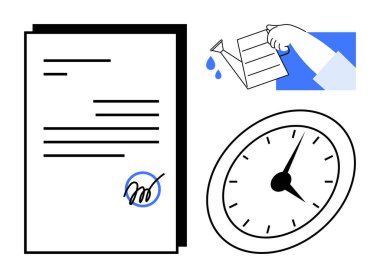 Document with signature, watering can pouring water, and clock. Ideal for time management, growth, deadlines, productivity, organization success strategy. Modern simple flat metaphor