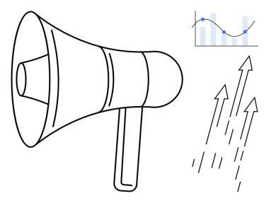 Megaphone symbolizing communication, line graph for data analysis, and rising arrows denoting progress. Ideal for business, communication, marketing, growth, analysis creativity planning. Simple