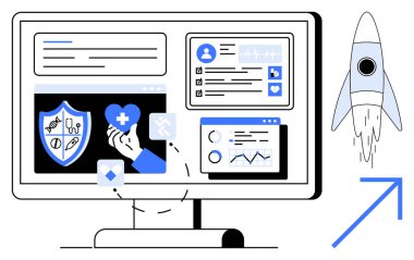 Computer screen showing digital healthcare dashboards, icons for health monitoring, patient records, and analytics reports. Rocket and arrow emphasize innovation and growth. Ideal for health tech