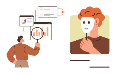 Person analyzing digital data charts with magnifier while profile shows individual holding mask. Ideal for identity, privacy, analytics, innovation, technology, online safety, simple flat metaphor