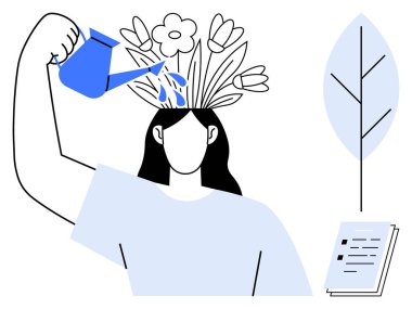 Person waters a bouquet of flowers growing from their head, symbolizing growth and creativity. Ideal for mental health, self-care, education, mindfulness, personal development, inspiration, simple