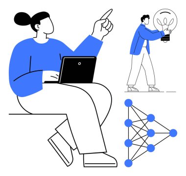 Person with laptop pointing, man holding lightbulb, and neural network structure. Ideal for teamwork, AI concepts, innovation, technology, learning, idea generation and digital problem-solving