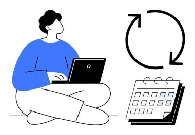Individual seated with laptop, circular arrows symbolizing growth, renewal, and calendar for time management. Ideal for productivity, planning, education, workplace, goal setting workflow