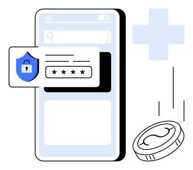 Smartphone screen with password shield protection and falling coin symbolizing secure payments. Ideal for security, fintech, e-commerce, saving, digital access, wallet services, economy. Simple flat