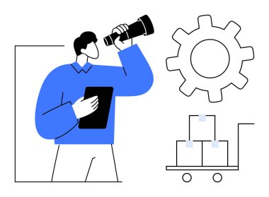 Person holding a tablet, using a telescope near a gear and a trolley with boxes. Ideal for logistics, supply chain, planning, optimization, business strategy, management, simple flat metaphor