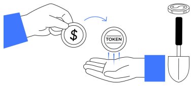 Hand exchanging dollar coin for token, symbolizing financial transaction. Shovel and token hint at mining, investment. Ideal for finance, crypto, trading, blockchain innovation, economy assets
