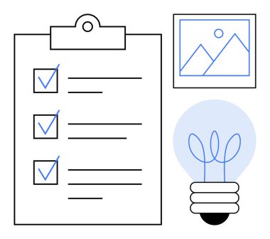 Clipboard with a checklist, lightbulb with plant sprout, framed landscape. Ideal for creativity, productivity, innovation, organization, planning idea generation growth. A simple flat metaphor