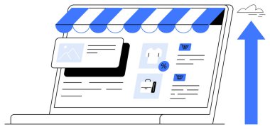 Laptop screen showcasing digital storefront layout with product images, shopping carts, and discount tag. Upward arrow symbolizes growth. Ideal for e-commerce, marketing, business, sales, technology