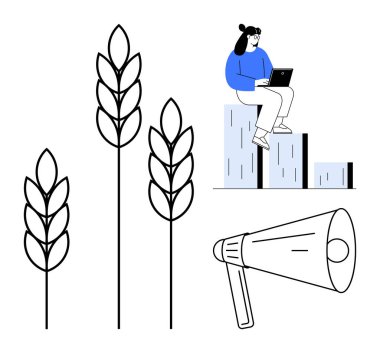 Woman with laptop on bar chart, three wheat stalks, and megaphone illustrate innovation, farming, and outreach. Ideal for agriculture, sustainability, technology, strategy education growth
