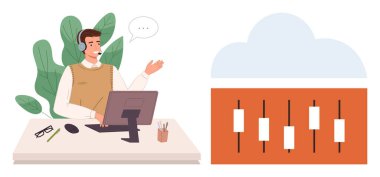 Customer service representative wearing a headset at a desk, speaking to a client next to him, a candlestick chart symbolizing analytics, stock market, or technical support. Ideal for communication