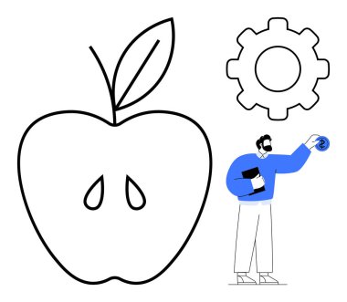 Large apple outline with seeds, gear as technology concept, man holding coin. Ideal for innovation, sustainability, investment, agriculture, technology balance business success. Simple flat