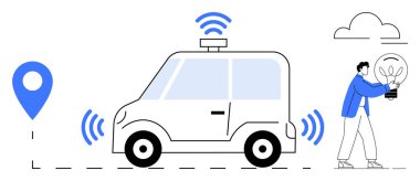 Connected self-driving car with location signal and wireless waves. Person holding lightbulb. Ideal for technology, innovation, smart mobility, AI, transportation, navigation, futuristic concepts