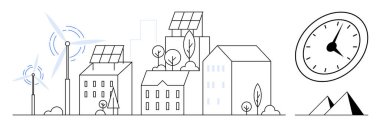 Urban landscape with wind turbines, solar-powered buildings, and greenery. Clock and mountains signify progress, time, and nature. Ideal for sustainability, renewable energy, green lifestyle urban