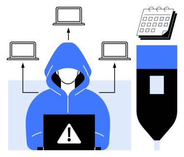 Hacker in hooded sweatshirt using laptop with warning icon, linked computers, USB drive, and calendar. Ideal for cybersecurity, hacking, data theft, online threat, cybercrime web security and IT