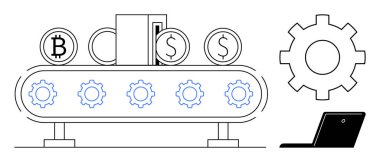 Conveyor belt moving cryptocurrency and dollar coins, large gear, and laptop. Ideal for automation, blockchain, fintech, digital currency, technology innovation business concept. A simple flat
