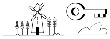 Windmill amid corn and wheat stalks with a large key and small clouds. Ideal for farming, solutions, sustainability, productivity, rural development, innovation, minimalism. Simple flat metaphor