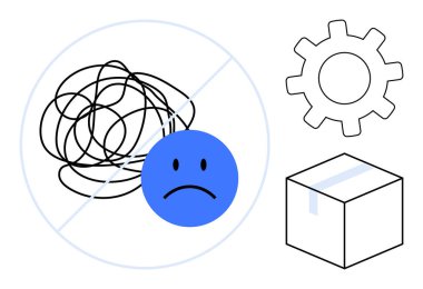Gear, package, and disallowed chaotic mess with a sad face. Ideal for workflow planning, efficiency, organization, logistics, productivity, problem-solving user-friendly simple flat metaphor