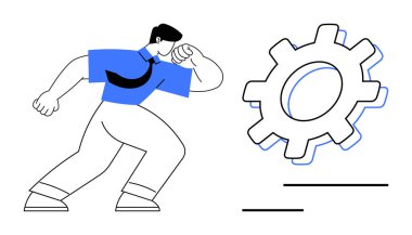 A determined figure in business attire approaches a large gear, symbolizing teamwork, innovation, development, productivity, problem-solving, leadership, and collaboration. Simplistic flat metaphor