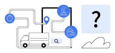 Delivery truck follows mapped route with factory, home icons, magnifying glass, and stopwatch. Ideal for logistics, delivery, navigation, supply chain transport planning mapping efficiency. Simple