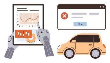 Robotic hand pointing at tablet with data, error message window, and autonomous car. Ideal for AI, robotics, autonomous systems, technology, data innovation automation. Simple flat metaphor