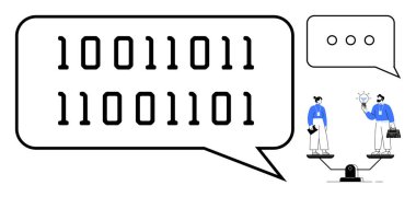 Binary code in speech bubble, business people exchanging innovative ideas on scales. Ideal for technology, data balance, teamwork, innovation, digital communication, coding education, simple flat