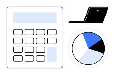 Calculator, open laptop, and segmented pie chart in blue, black, and white. Ideal for finance, accounting, technology, business strategy academic learning data visualization simple flat metaphor