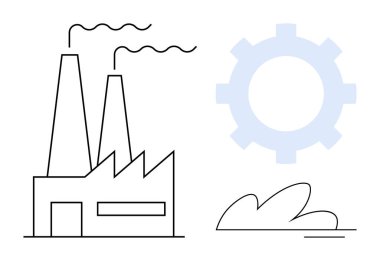Factory with two smokestacks and gear representing production, efficiency, or industry. Includes a minimalist bush. Ideal for industrial process, manufacturing, engineering, automation, innovation