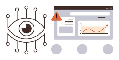 Eye with radial lines next to dashboard interface showing alert icon and rising graph. Ideal for data analytics, cybersecurity, artificial intelligence, monitoring, digital security, UXUI design