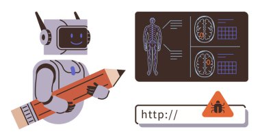 Robot holding pencil symbolizes creativity and AI involvement in problem-solving. Medical scan indicates health tech, while biohazard sign highlights cybersecurity threats. Ideal for AI, healthcare
