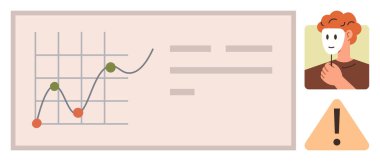Data graph with trends, person holding identity mask, and warning sign. Ideal for analytics, cybersecurity, online identity, fraud prevention, transparency, decision-making simple flat metaphor
