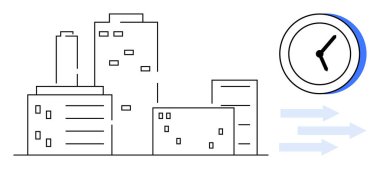 Minimalist city buildings with a clock and forward-pointing arrows symbolizing time, progress, and productivity. Ideal for urban development, business, growth, planning, efficiency, innovation