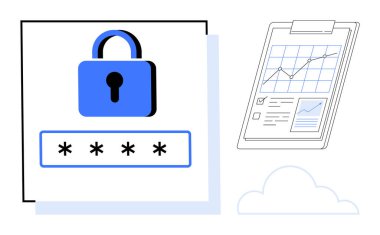 Locked padlock with a password input, analytics clipboard displaying data trends, and cloud. Ideal for cybersecurity, data protection, encryption, analytics, cloud storage, online privacy simple