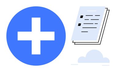 Blue medical plus sign, stacked documents, and cloud icon. Ideal for healthcare, data storage, medical records, digital innovation, online services cloud solutions healthcare technology. Simple