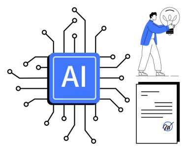 AI chip surrounded by circuit lines, person holding a light bulb symbolizing innovation, and a signed document. Ideal for technology, innovation, AI, teamwork, creativity, solutions contracts