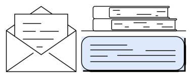 Open envelope holding a letter, two stacked books, and a folded document representing communication, education, reading, documentation, learning, correspondence and literacy. Ideal for knowledge