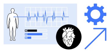 ECG waveform over human figure, anatomical heart diagram, gear and upward arrow implying progress. Ideal for healthcare, diagnostics, cardiology, fitness, technology monitoring progress. Simple
