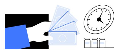 Hand offering cash, clock showing times value, and medical bottles imply healthcare expense, time management, investment. Ideal for healthcare, finance, time management, budgeting pharmaceuticals