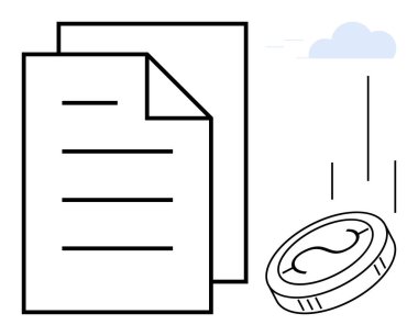 Coin falling beside a document, representing finance, budgeting, cost analysis, or contracts. Ideal for business, investment, savings loan economy profit or cost themes. Clean simple flat