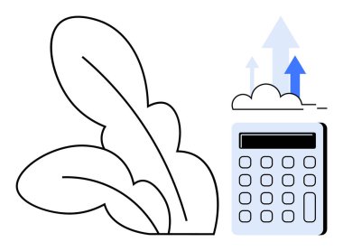 Leaf growing beside calculator with upward arrows signifying growth. Ideal for sustainability, finance, eco-business, accounting, investment, green growth, economic progress. Clean simple flat