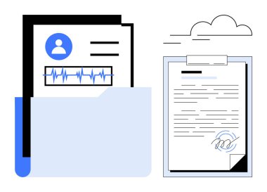 Medical records folder with profile and heartbeat chart next to contract with signature. Ideal for healthcare, documentation, data security, compliance, patient management, legal agreements, simple