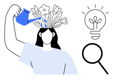 Woman watering flowers on her head, symbolizing growth. Nearby light bulb and magnifying glass for creativity and exploration. Ideal for personal development, knowledge, creativity, innovation