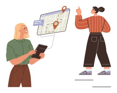 Two individuals planning a route with a digital map on a tablet, pinpointing locations with markers. Ideal for teamwork, navigation, travel, planning, technology, exploration direction concepts. A