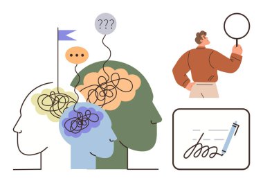 Tangled lines in heads illustrate confusion, speech bubbles, magnifier, paper, and man symbolize clarity, communication, and solutions. Ideal for psychology, decision-making communication