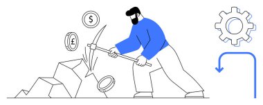 Man using pickaxe to mine rocks releasing dollar, euro, and pound coins, with a gear and arrow symbolizing progress, effort, and productivity. Ideal for finance, investment, cryptocurrency