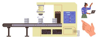 Industrial machine assembling products on conveyor belt, technician with laptop monitoring, pointing hand gesture. Ideal for automation, robotics, efficiency, technology, workflow, production