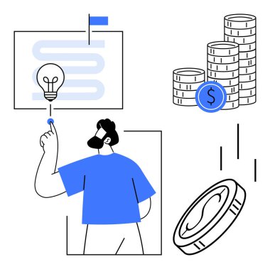 Person pointing at a lightbulb on a chart, coins stacked with dollar symbol, and falling coin. Ideal for creativity, planning, finance, innovation, business strategies, investment growth concepts