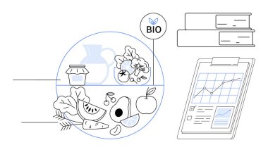 Organic fruits and vegetables beside a clipboard showing data charts and graphs with Bio label and books. Ideal for sustainability, health, organic farming, research, analysis, eco-consciousness