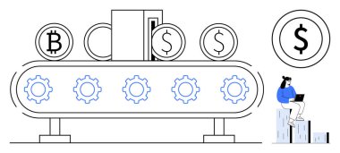 Conveyor belt processing cryptocurrency and dollar coins through cogs, while a seated person analyzes data on a laptop. Ideal for finance, cryptocurrency, technology, innovation, automation, economy