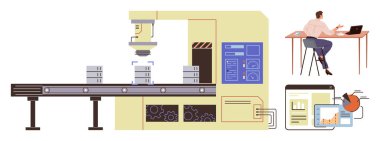 Automated conveyor belt with robotic arm sorting objects, engineer at desk using laptop, illustrated digital charts. Ideal for technology, production, automation, industry 4.0, innovation